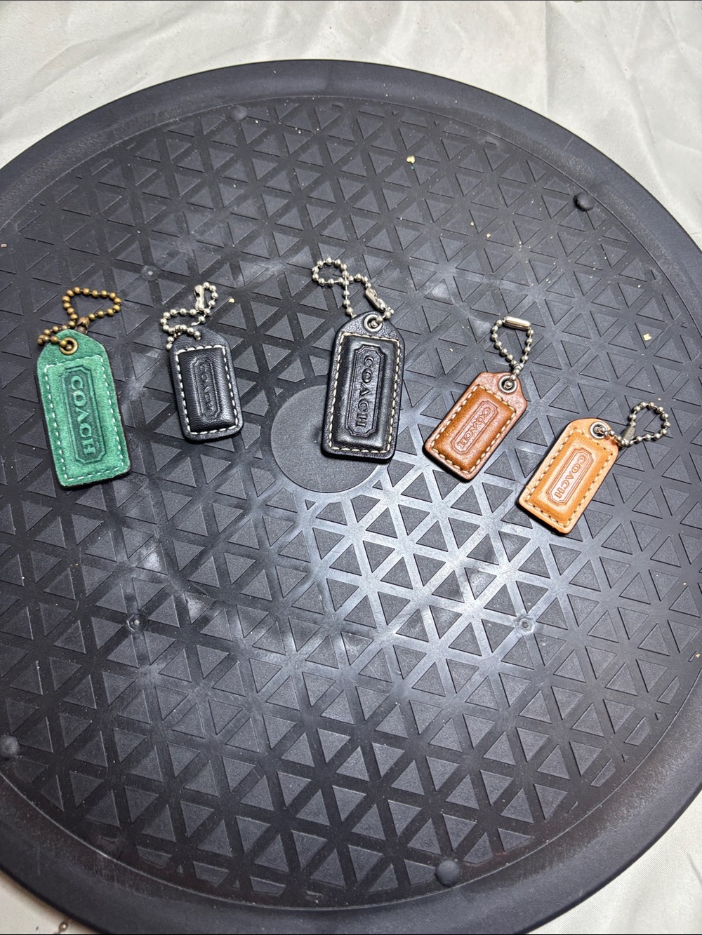 COACH Leather Tag Charms in Green, Black & Tan
